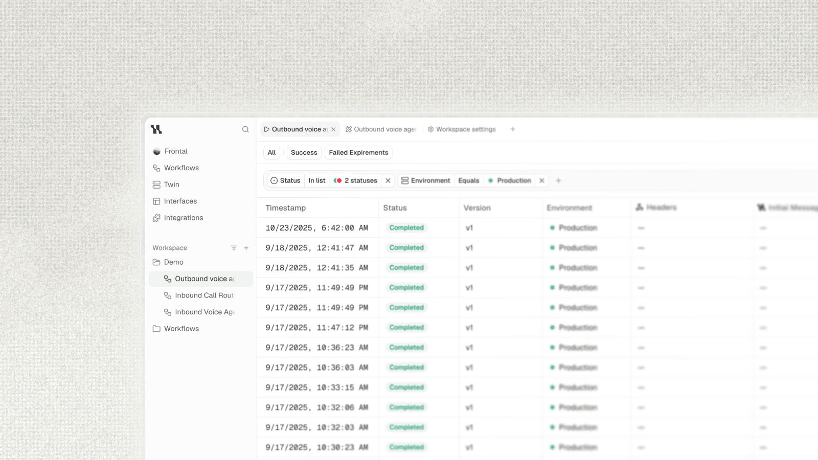 Workflow Runs table with status and environment filters